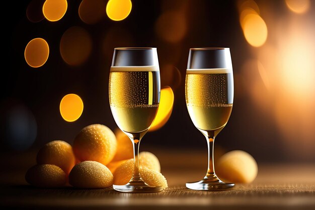 Gläser Champagner und Orangen mit einem Hintergrund aus Lichtern und Orangen