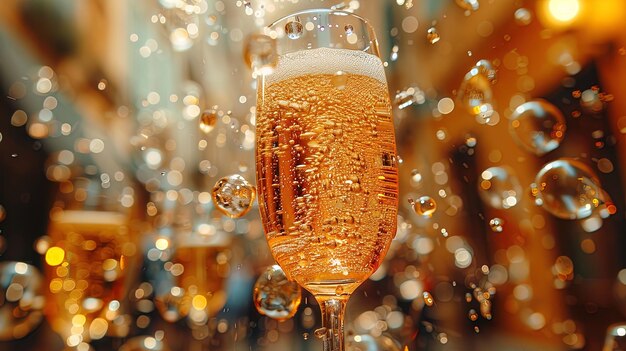 Gläser klingeln und Blasen tanzen, während Champagner fließt, um den Erfolg in einem funkelnden S zu feiern.