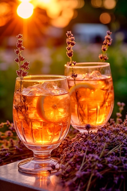 Gläser Limonade und Lavendelblumen im Garten goldene Stunde Generative KI