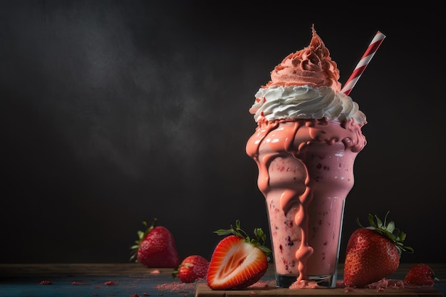 Gläser Milchshakes mit Schokoladen-Erdbeere mit Eis auf schwarzem Hintergrund AI-Generation