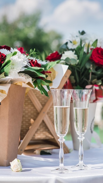 Gläser mit Champagner bei einer Hochzeit auf einem Hintergrund von Blumen 2