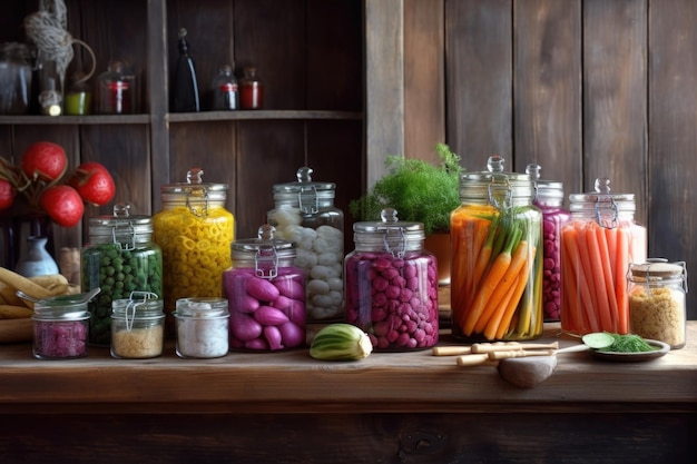 Gläser mit eingelegtem buntem Gemüse auf rustikalem Holztisch, erstellt mit generativer KI