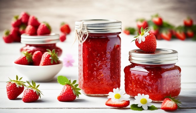 Gläser mit Erdbeermarmelade auf einem Tisch