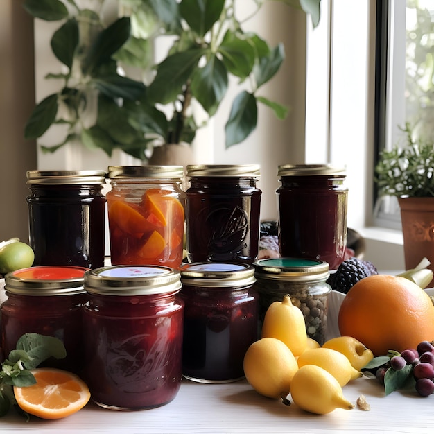 Gläser mit hausgemachtem Obstmarmelade mit frischen Früchten auf dem Fensterbrett