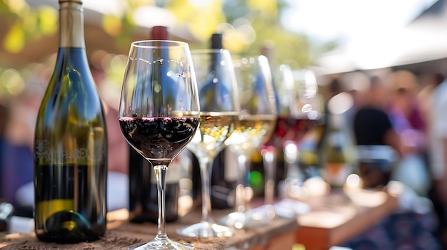 Gläser mit rotem und weißem Wein auf einem Holztisch mit einem verschwommenen Hintergrund eines Weinbergs
