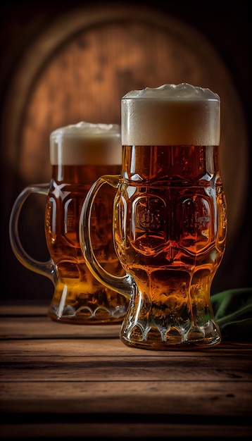 Gläser mit verschiedenen leckeren Bieren auf dem Tisch AI generiert
