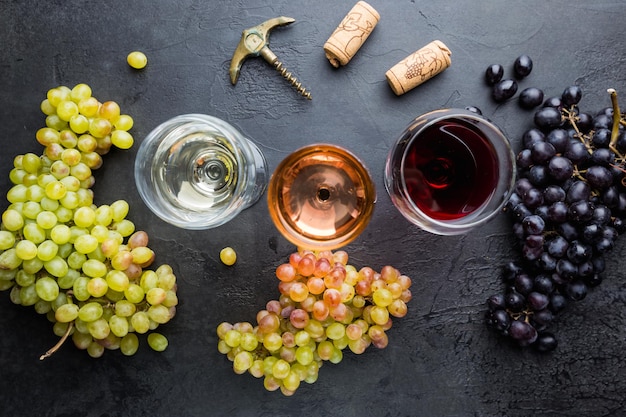 Gläser mit weißem, rotem und rosa Wein und reifen Trauben auf schwarzem Steinhintergrund, Ansicht von oben