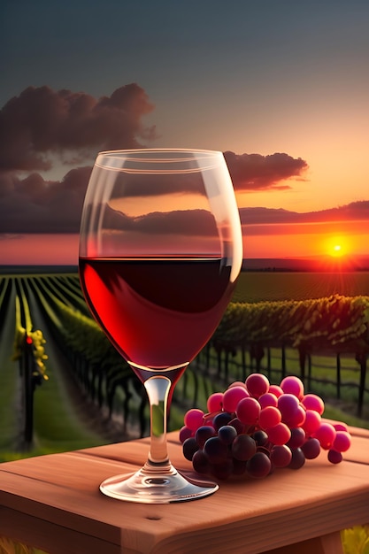 Gläser Rotwein in einem verträumten Weinberg bei Sonnenuntergang Cabernet und Merlot auf einem Holztisch