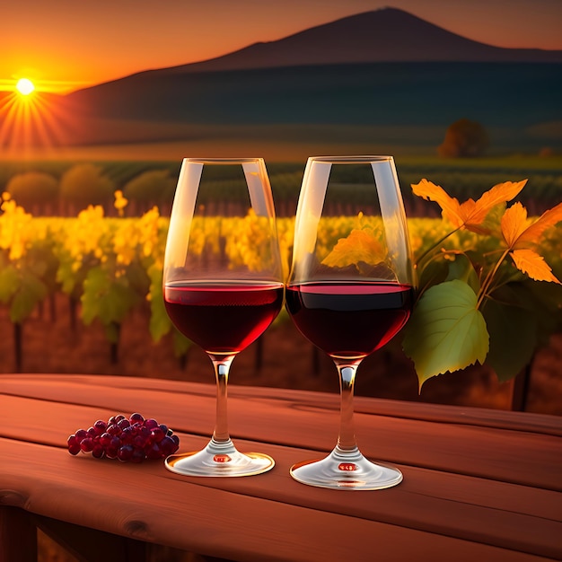 Gläser Rotwein in einem verträumten Weinberg bei Sonnenuntergang Cabernet und Merlot auf einem Holztisch