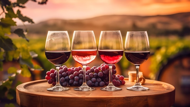Gläser Rotwein und Trauben auf dem Tisch mit Traubenfeld