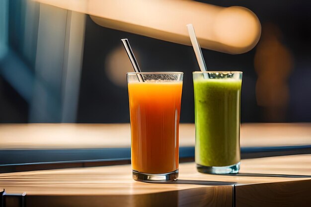 Gläser Saft mit einem Strohhalm und einem Strohhalm auf dem Tisch.