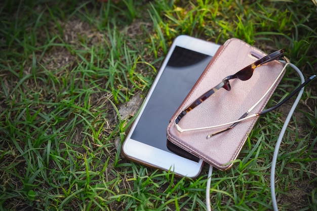 Gläser und Handy mit Feuerzeug auf Naturboden