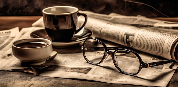 Gläser und Kaffee stehen auf Zeitungspapier