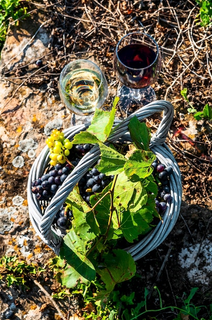 Gläser Wein und Trauben im Korb