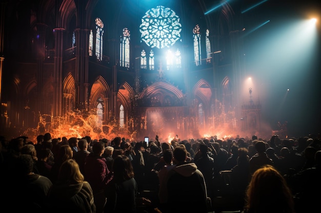 Gläubige und Chor der gotischen Kathedrale in Harmonie auf dem Nebel, transzendentale Gospelszene, generatives IA