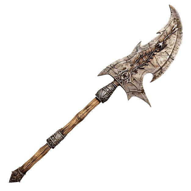 Glaive lendário de carvalho com uma lâmina que é tanto afiada Game Asset 3D conceito de design isolado