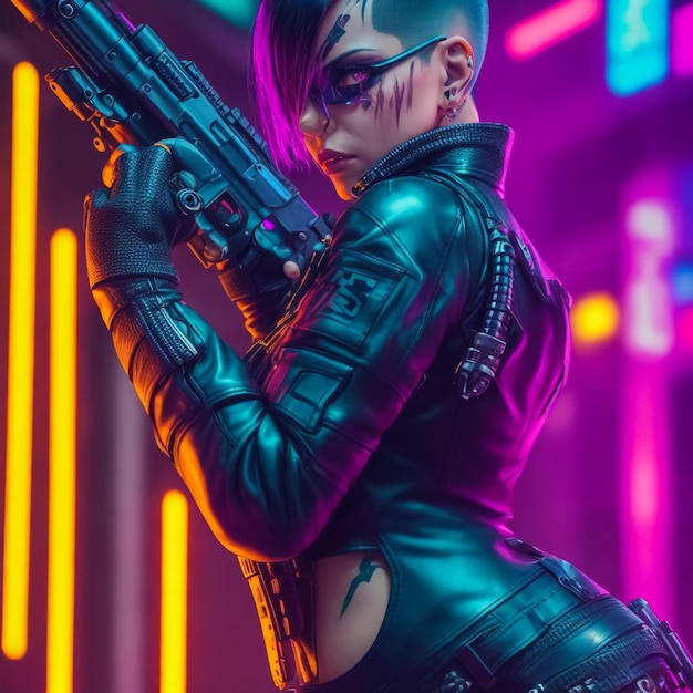 Glamorosa garota cyberpunk com espada e faca em vez de fundo violeta