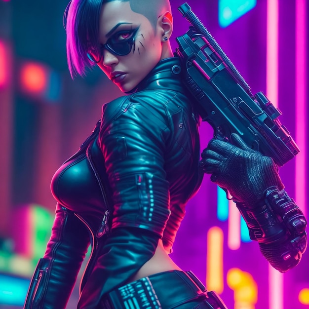 Glamorosa garota cyberpunk com espada e faca em vez de fundo violeta