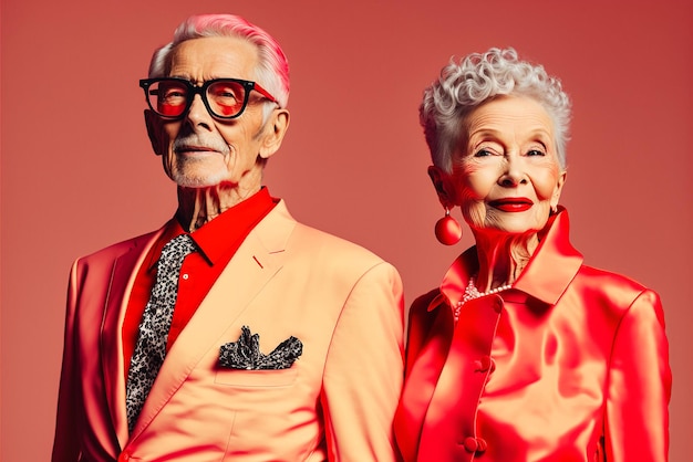 Glamorosa pareja de ancianos con ropa de moda con fondo de color liso en el estudio de fotografía Arte generado por Ai
