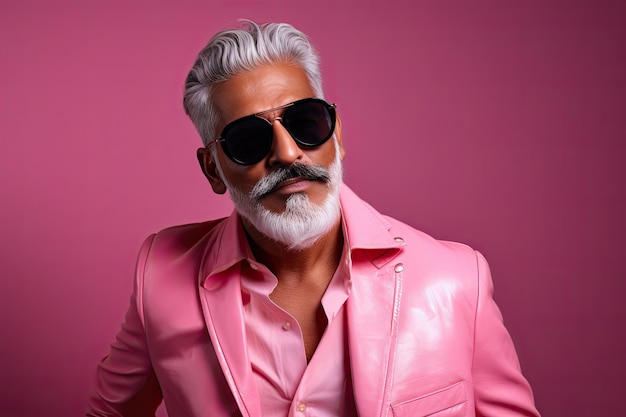 Glamoroso retrato de un anciano indio con barba y gafas vestido con ropa rosa