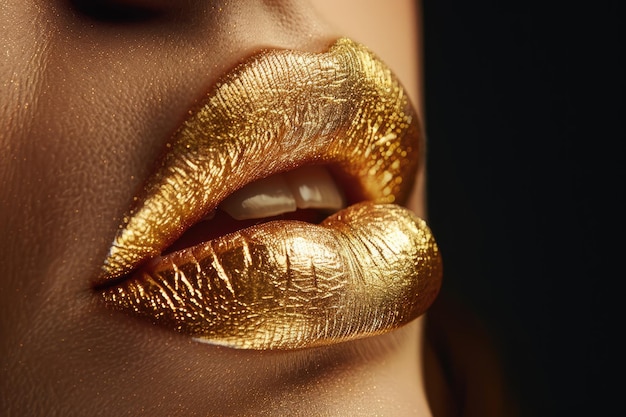 Glamour dorado labios sensuales de mujeres con lápiz labial dorado en fondo aislado