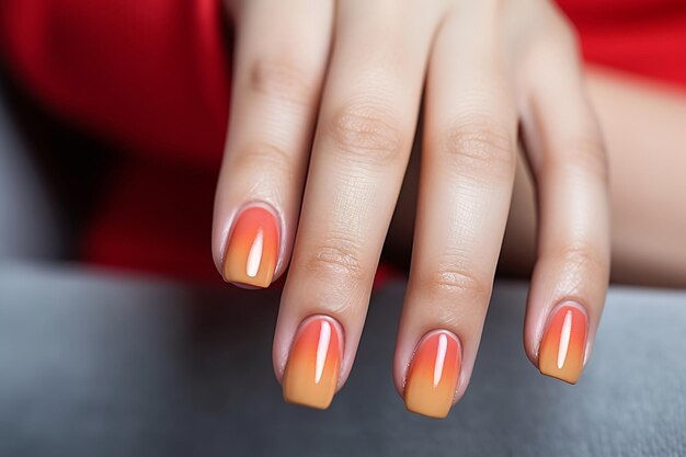 Glamour-Frau mit orangefarbenem Nagellack an den Fingernägeln Maniküre mit gelfarbener Nagel