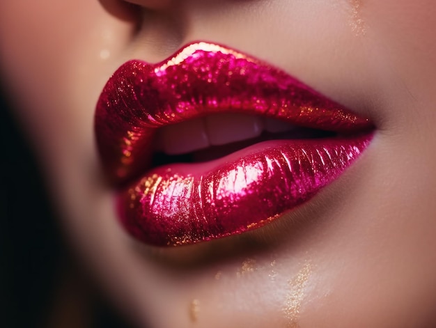 Glamour-Mode leuchtend rosa Lipgloss-Make-up mit goldenem Glitzer Makro des weiblichen Teils des Gesichts glänzendes Lippen-Make-up Luxusdame Generative Ai