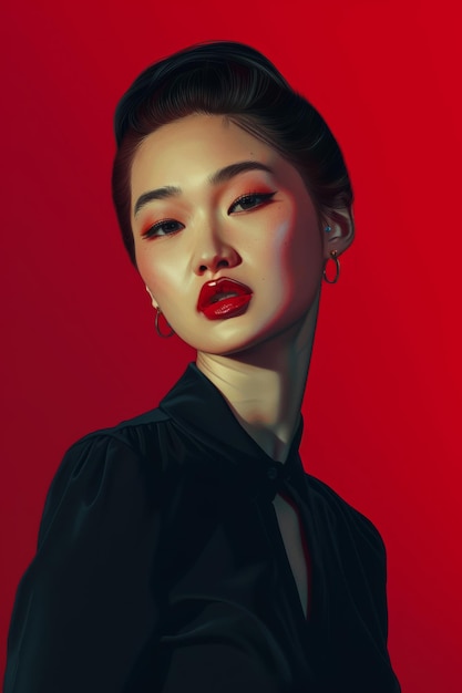 Glamour mujer coreana con lápiz labial rojo IA generativa