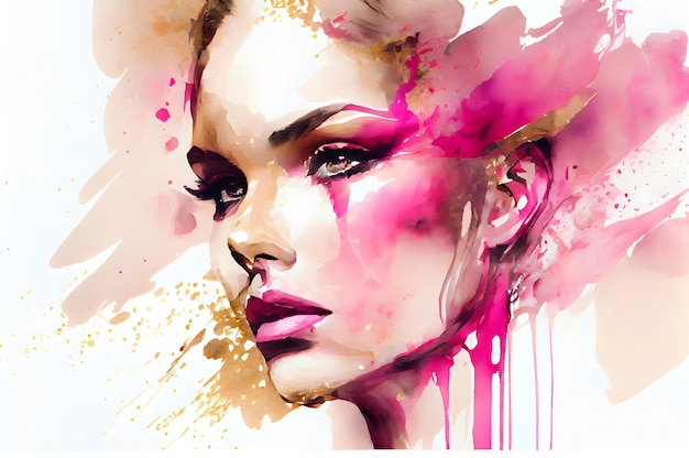 Glamour mujer joven retrato rosa dorado salpicadura color suave acuarela pintura arte ilustración banner Generativo Ai