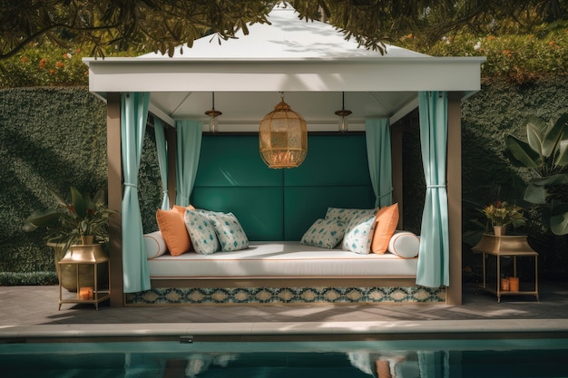 Glamouröse Cabana am Pool mit Chaiselongue und Cocktailshaker, erstellt mit generativer KI