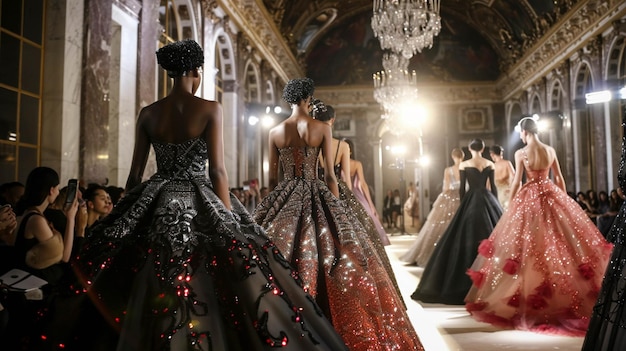 Glamouröse Models in Haute Couture-Kleidungen bei einer opulenten Veranstaltung