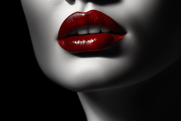 Glamouröse rote Lippen der jungen Frau in Studioaufnahme mit glänzendem schwarzem Hintergrund