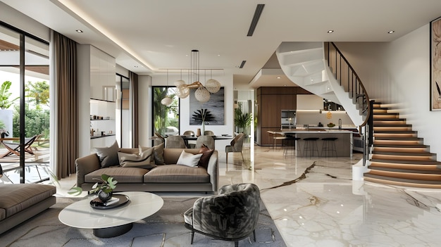 Glamouröser offener Bereich mit luxuriösem Wohnraum, aktualisierter Küche und stilvoller Esszone mit