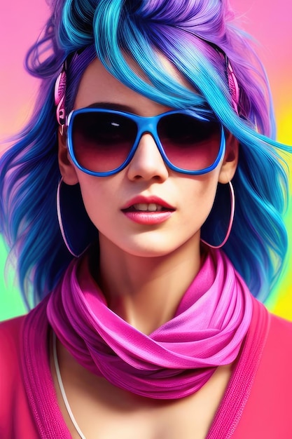 Foto glamouröser teenager-hipster mit sonnenbrille, vertikale ansicht, porträt eines hübschen millennial-mädchens in kleidung