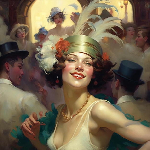 Glamouröser Zierhut-Trend und wunderschöner Flapper-Tanz der 1920er Jahre