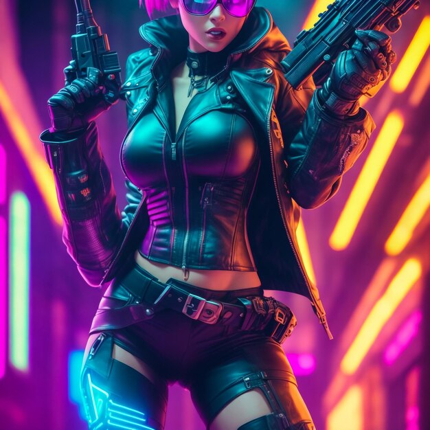 Glamouröses Cyberpunk-Mädchen mit Schwert und Messer gegen violetten Hintergrund