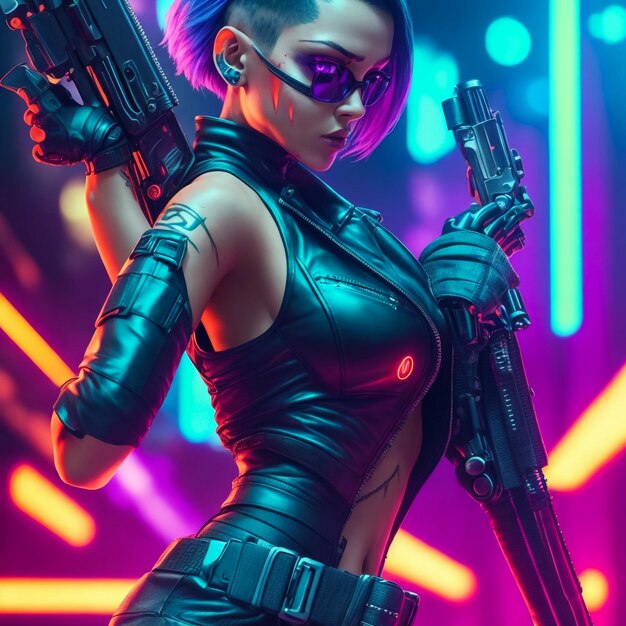 Glamouröses Cyberpunk-Mädchen mit Schwert und Messer gegen violetten Hintergrund