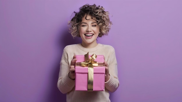 Glamouröses Mädchen mit kurzen, lockigen Haaren posiert mit einer rosa Geschenkkiste und lacht