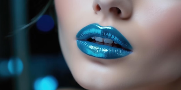 Glamouröses Mode-Make-up mit strahlend blauem Lipgloss mit Glanz Makro des weiblichen Teils des Gesichts, glänzendes Lippen-Make-up, wunderschöne Dame 8k Generative Ai