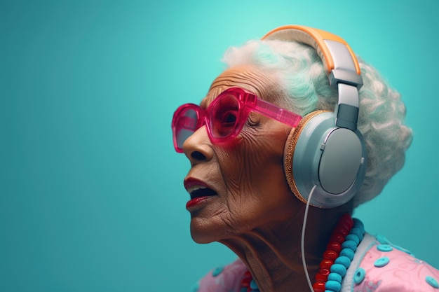 Glamouröses Porträt einer afroamerikanischen alten Dame mit rosa Brille und Kopfhörern