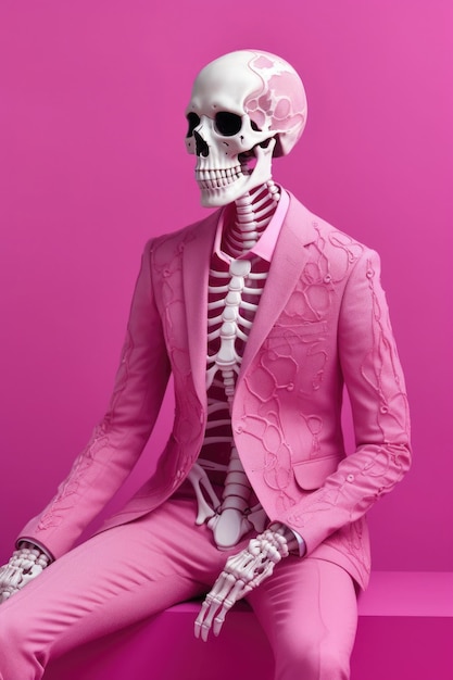 Foto glamouröses porträt eines männlichen skeletts im rosa anzug. generative ki