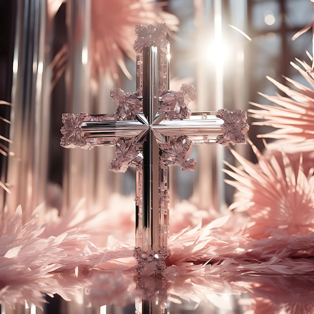Glamouröses spiegelndes heiliges Kreuz und kristallverkrustete Palm L-Kreuz Palmsonntag Foto christliche Kunst