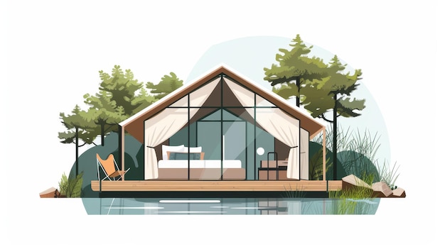 Glamping aconchegante confortável glam acampamento à beira-mar arquitetura moderna exterior gráfico plano ilustração moderna em fundo branco