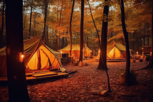 Glamping blanco en el bosque de otoño AI