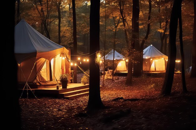 Glamping branco na floresta de outono AI