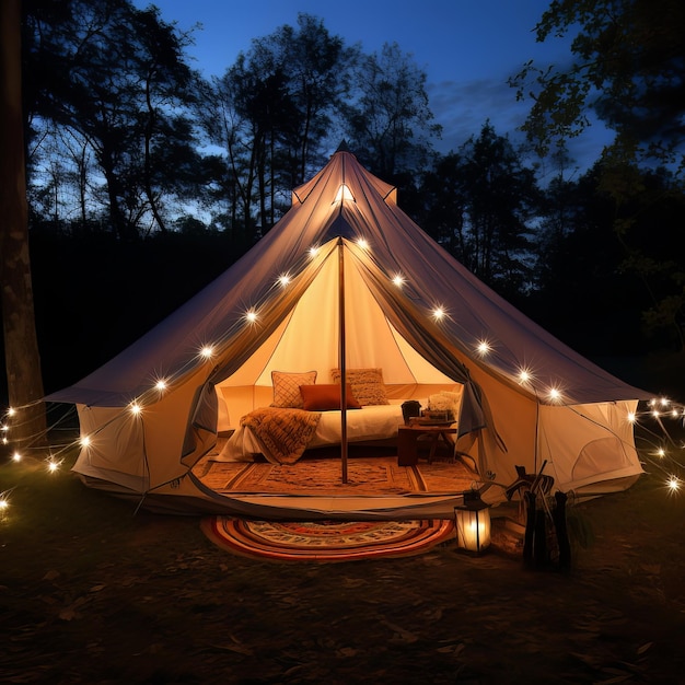 Glamping Carpa campana iluminada por la noche Glamping por la noche carpa brillante luces nocturnas