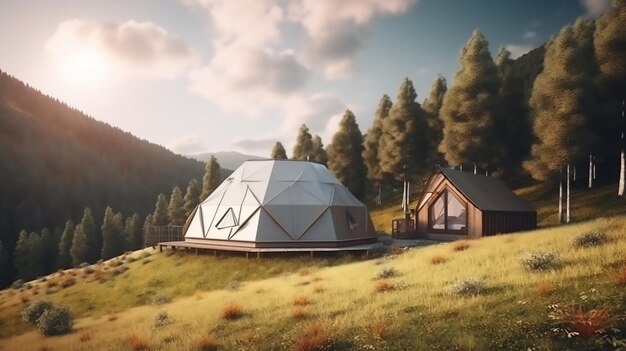 Glamping-Konzept mit modernem Haus und Bergwald