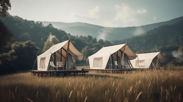 Glamping-Konzept mit modernem Haus und Bergwald