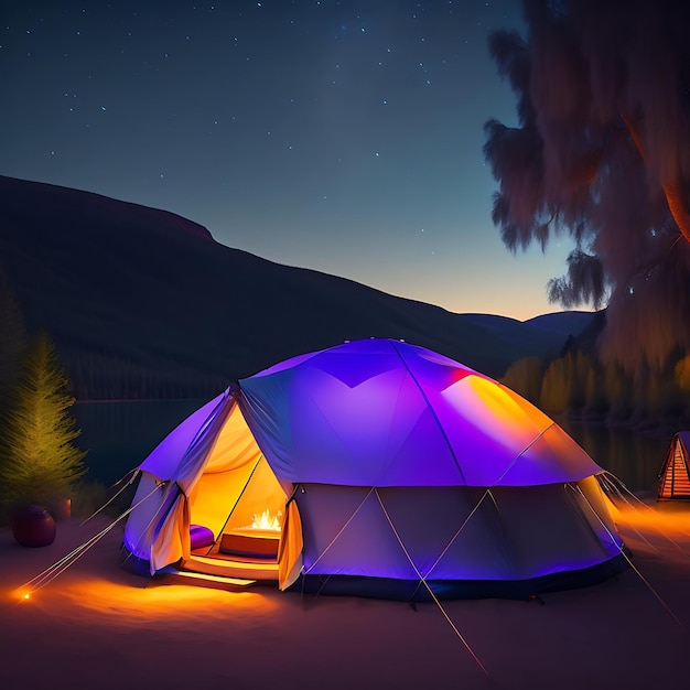 Glamping por la noche luces nocturnas lujosa y glamorosa vida de camping en la naturaleza