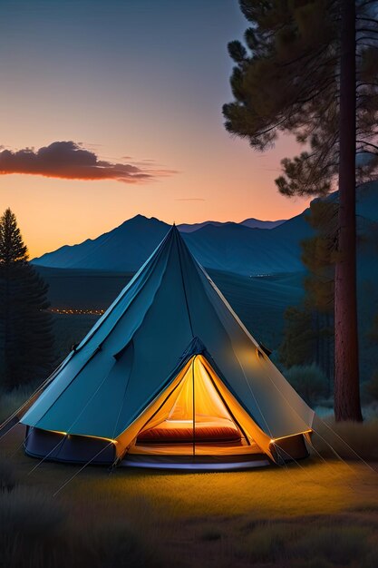 Glamping por la noche lujosas luces nocturnas vida de campamento glamurosa en la naturaleza